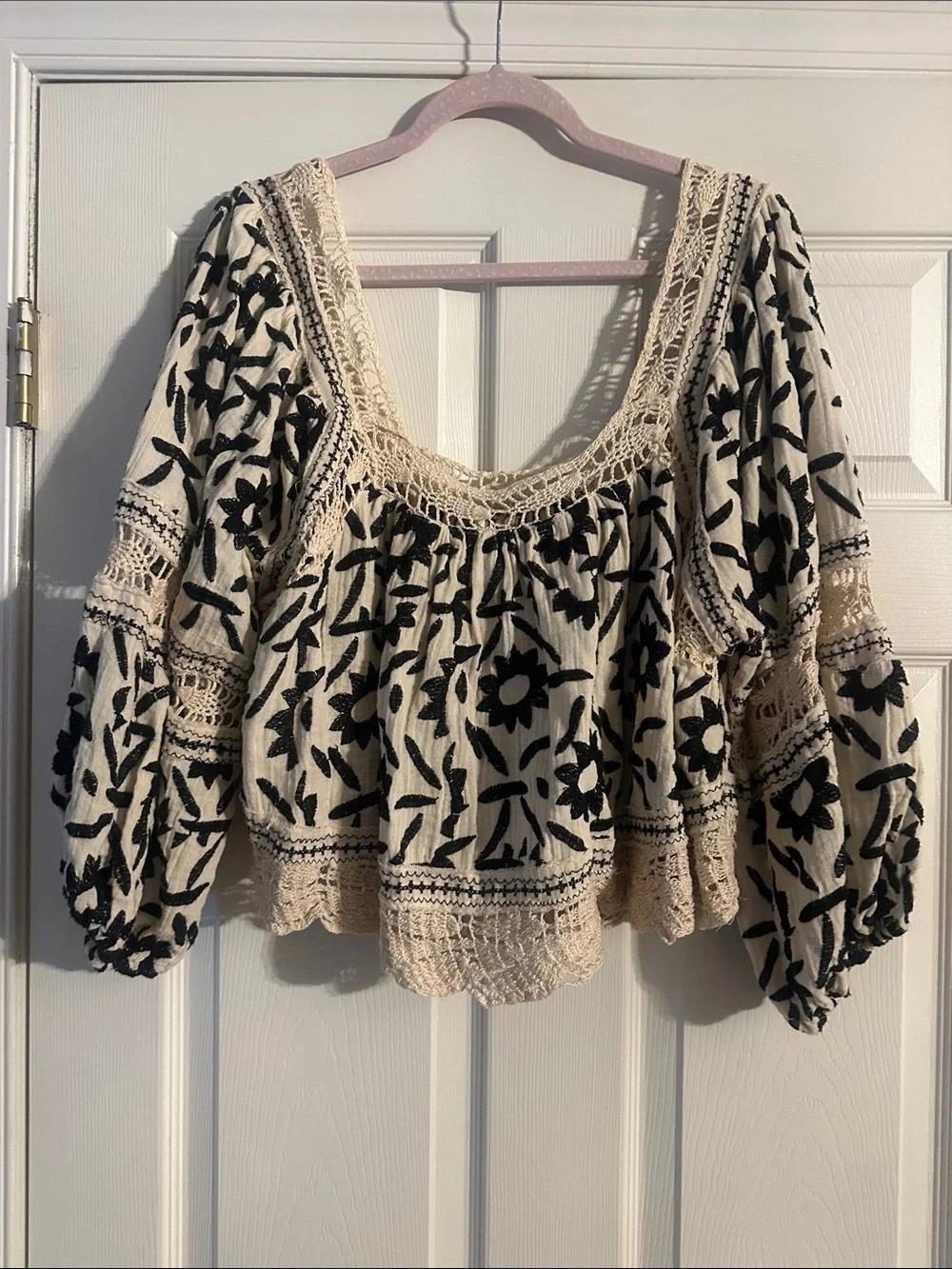 Free People Cream Top with Black Floral Embroidery